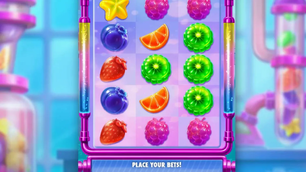 Tampilan visual slot Sweet Burst dengan tema laboratorium permen yang penuh warna