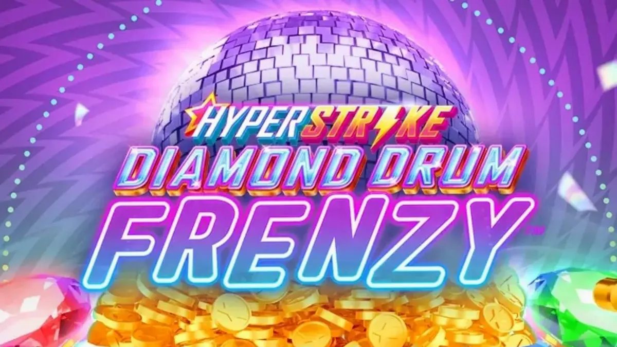 Tampilan visual slot Hyper Strike Diamond Drum Frenzy dengan elemen neon dan drum emas